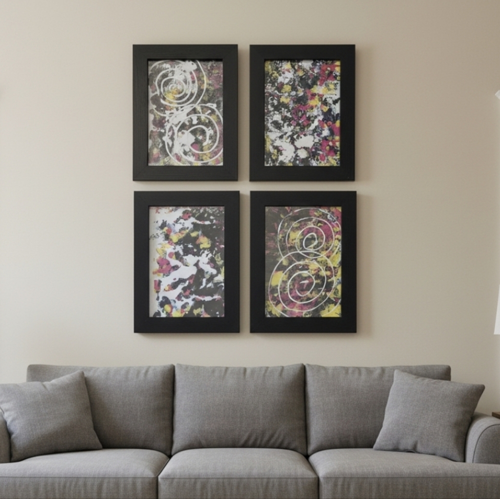 4 HANDCRAFTED Black Frame Paintings Abstract HANDPAINTED Wall Art Decor Tabletop